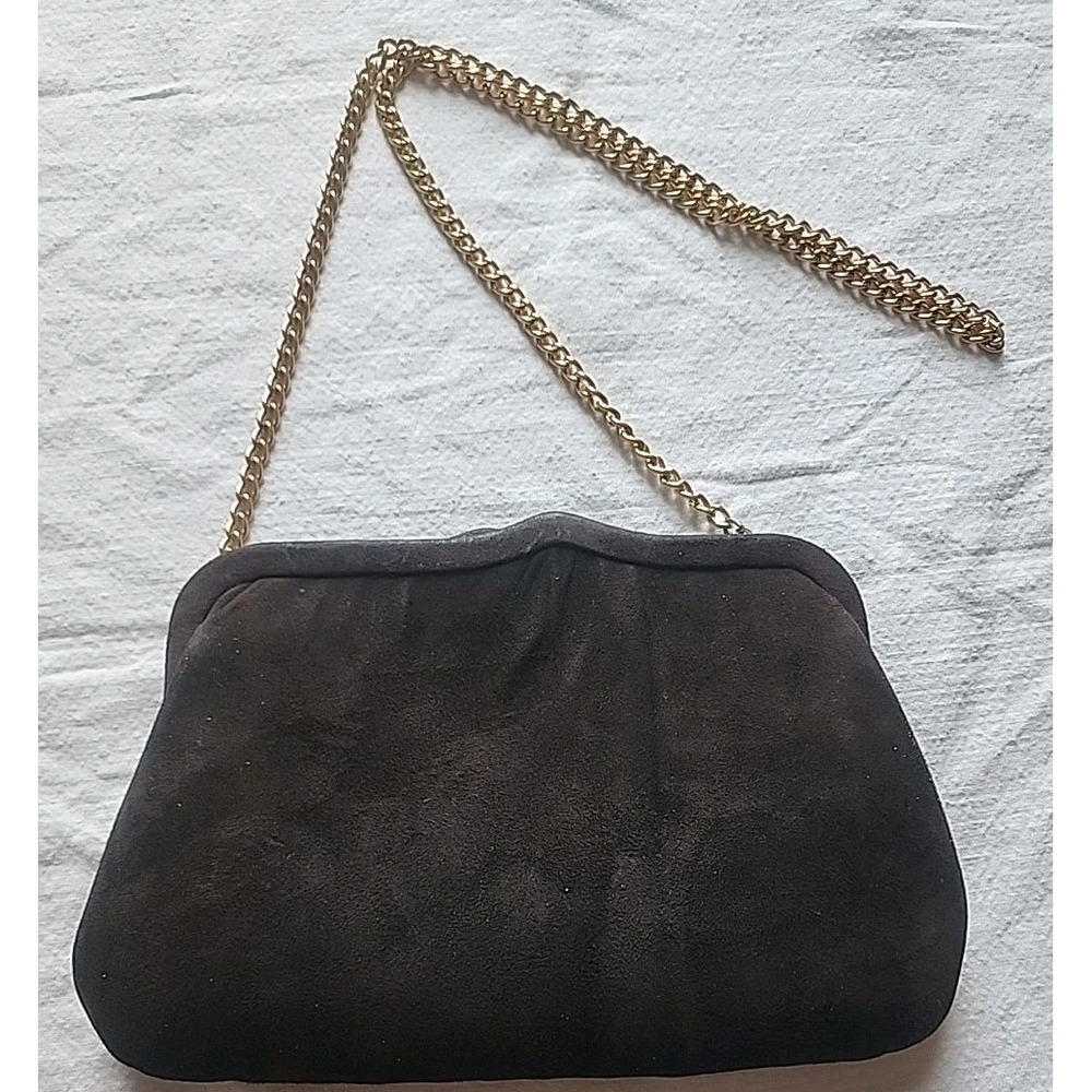 Andé Women's Brown  Goldtone Chained Genuine Lamb Suede Shoulder Clutch Sz S